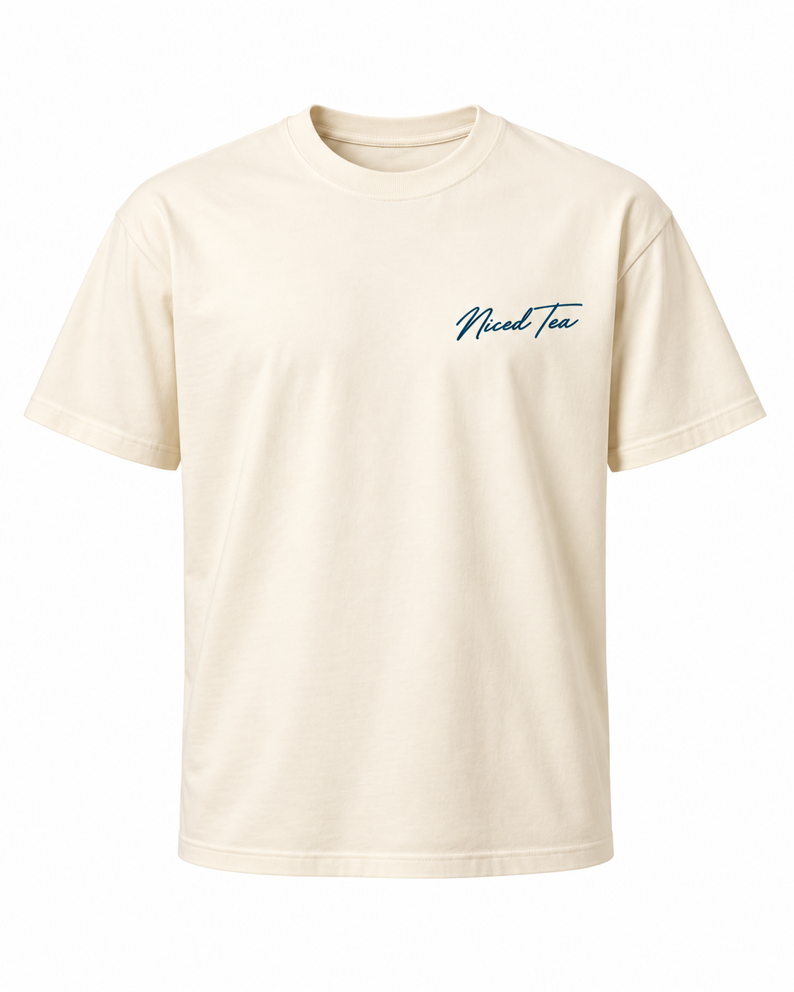 Miami Nice Niced Tea T-Shirt – cremefarbenes Shirt, Vorderseite mit kleinem Niced-Tea-Schriftzug auf Brust